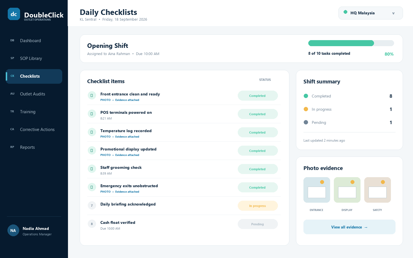 DoubleClick daily outlet checklist showing completed tasks, shift progress and photo evidence